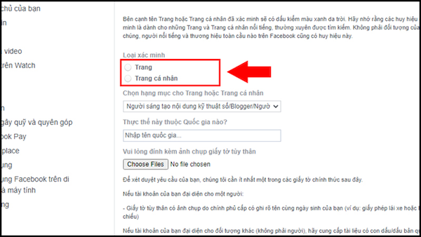 Lựa chọn facebook cần xác minh