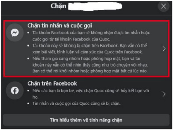 Tùy chọn mục Chặn tin nhắn và cuộc gọi