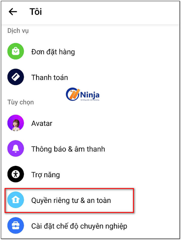 Tìm đến mục Quyền riêng tư và an toàn